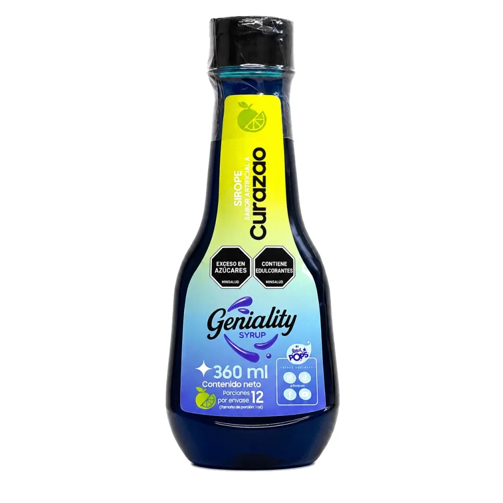 Sirope Geniality sabor CURAZAO 360ml — perfecto para granizados, mixología y sodas frutales. Marca colombiana fabricada en Medellín.