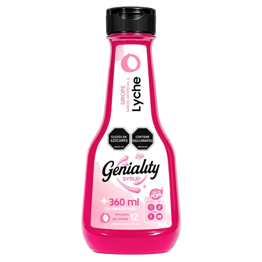 Sirope Geniality sabor LYCHE 360ml — para granizados con perlas, cócteles signature y sodas italianas. Marca colombiana fabricada en Medellín.