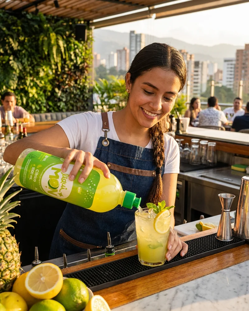 Joven colombiana disfrutando Geniality liquimon-base — fotografía editorial