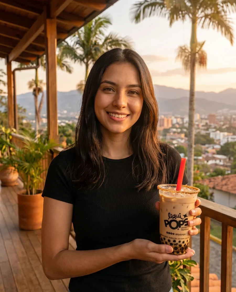 Joven colombiana disfrutando LiquiPops cafe — fotografía editorial