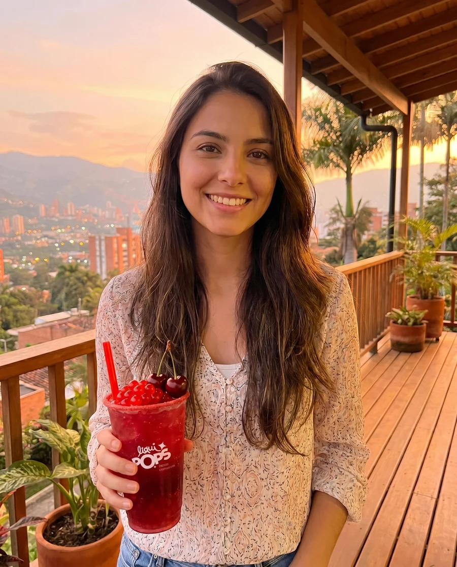 Joven colombiana disfrutando LiquiPops Cereza — fotografía editorial