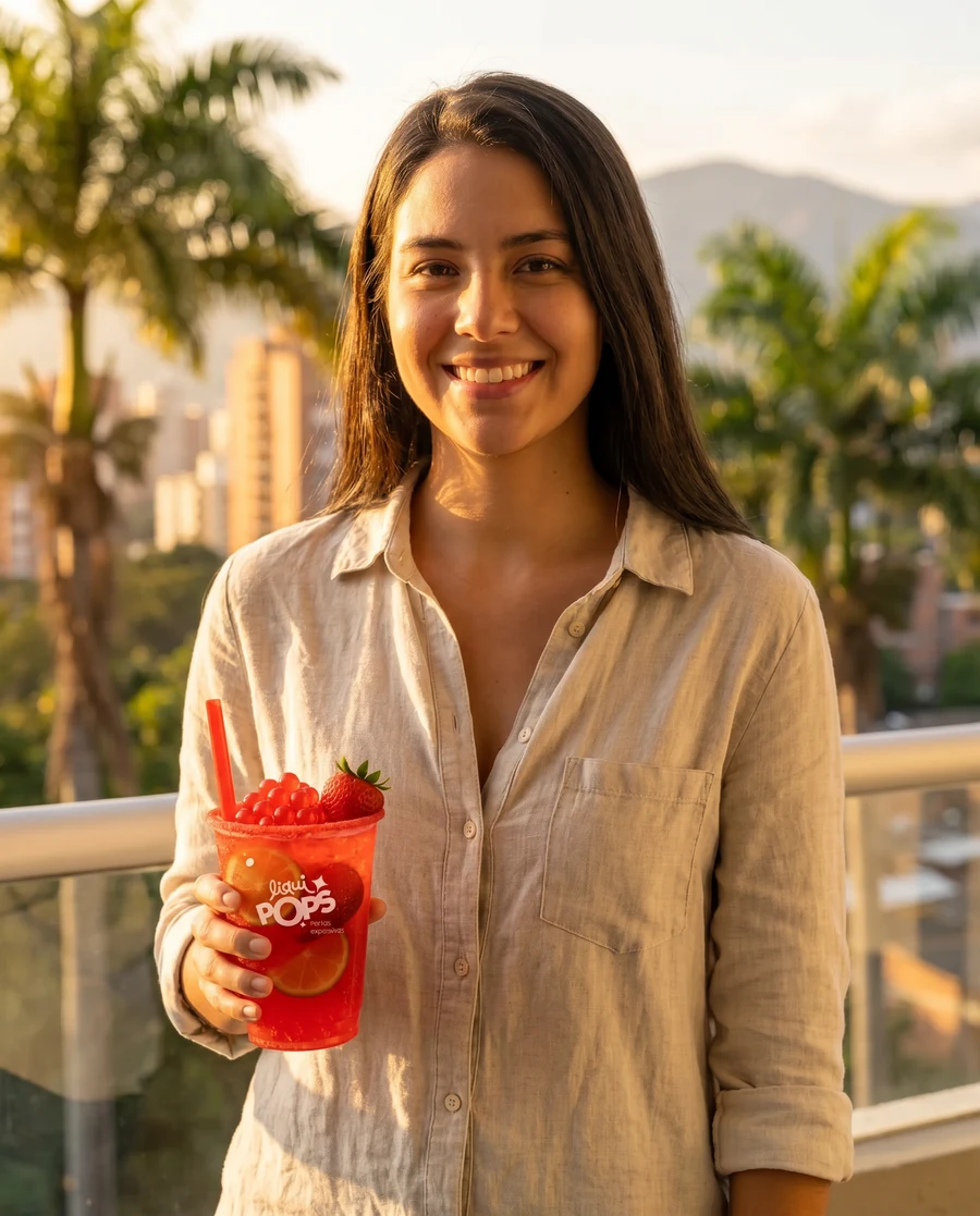Joven colombiana disfrutando LiquiPops Fresa — fotografía editorial