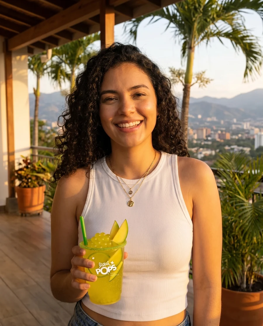 Joven colombiana disfrutando LiquiPops Mango Biche — fotografía editorial