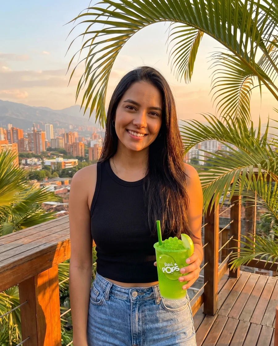 Joven colombiana disfrutando LiquiPops Manzana Verde — fotografía editorial