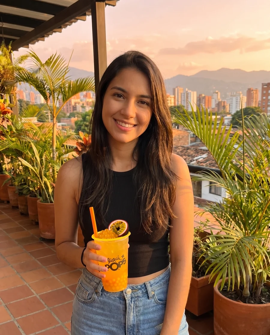 Joven colombiana disfrutando LiquiPops maracuya — fotografía editorial