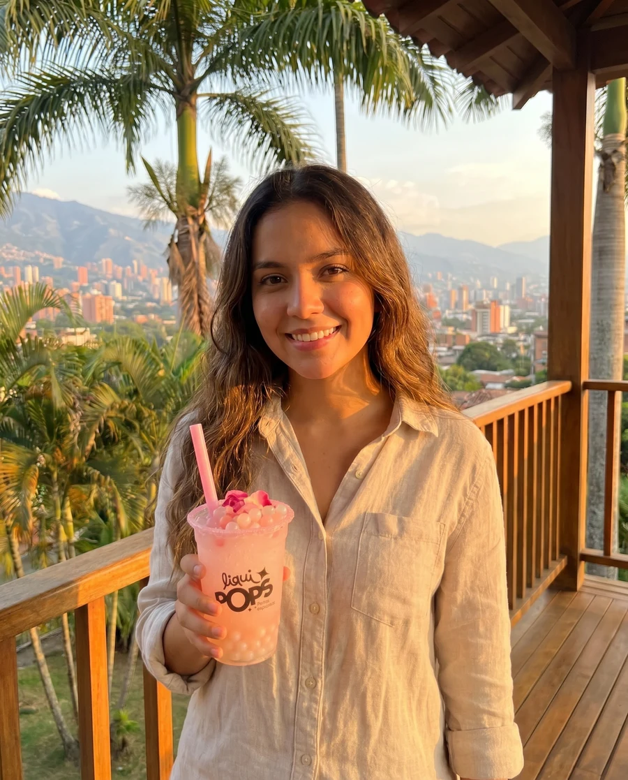 Joven colombiana disfrutando LiquiPops Pink Ice — fotografía editorial