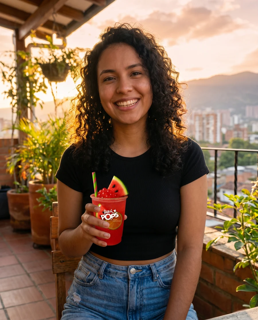 Joven colombiana disfrutando LiquiPops sandia — fotografía editorial