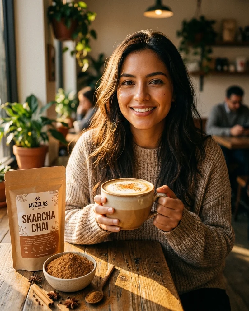 Joven colombiana disfrutando Mezclas en Polvo chai — fotografía editorial