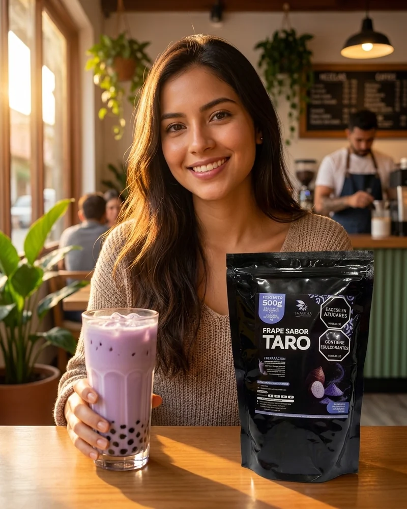 Joven colombiana disfrutando Mezclas en Polvo taro — fotografía editorial