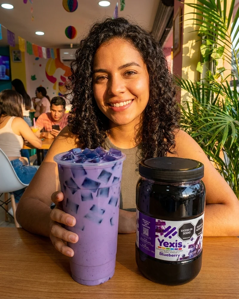 Joven colombiana disfrutando Yexis Blueberry — fotografía editorial