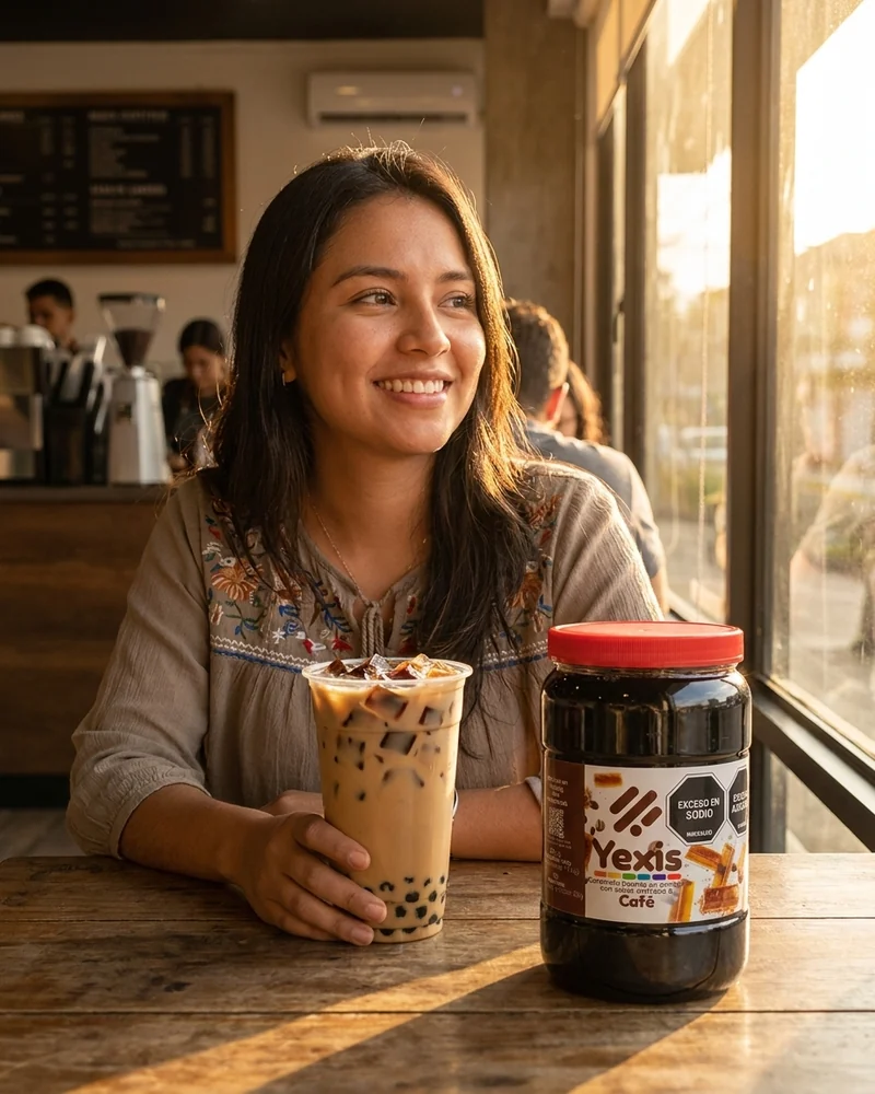 Joven colombiana disfrutando Yexis cafe — fotografía editorial