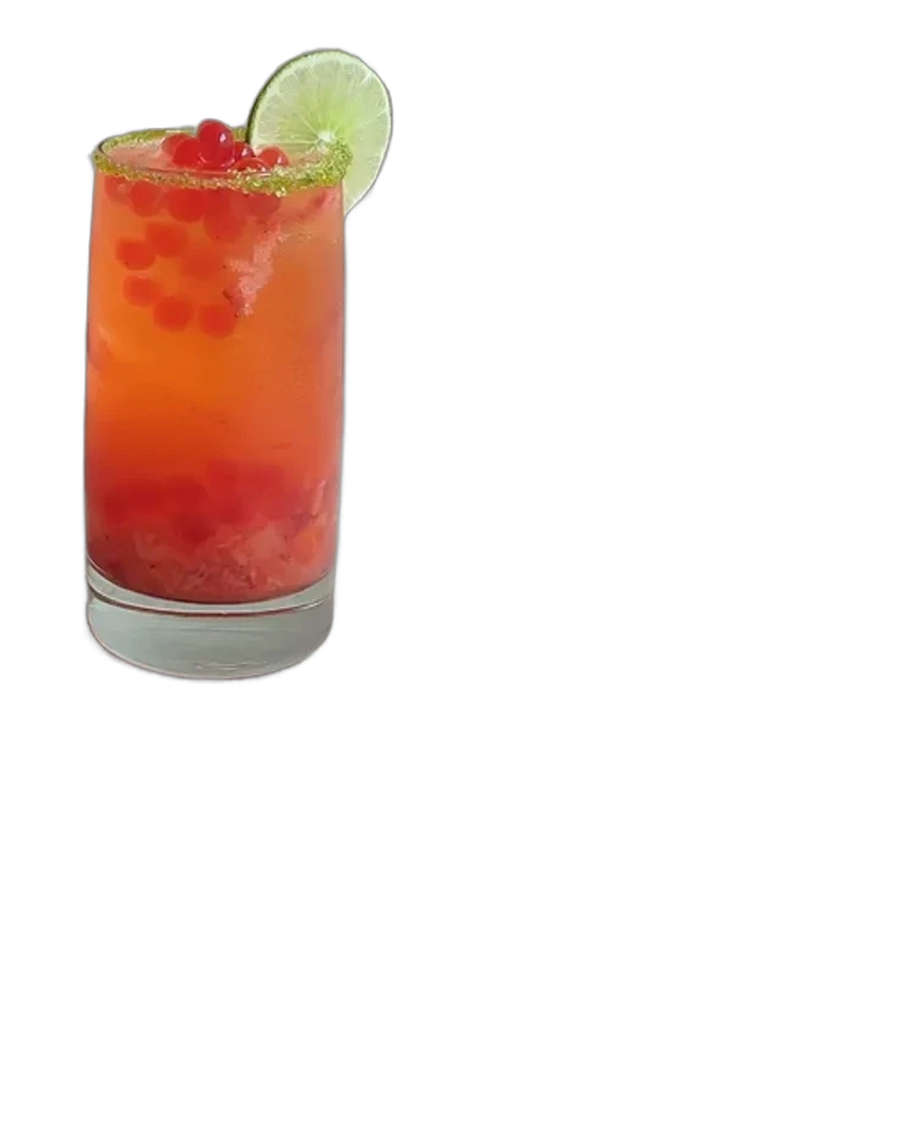 Cóctel de fresa y aguardiente con perlas explosivas LiquiPops, escarchado y rodaja de limón — fondo blanco
