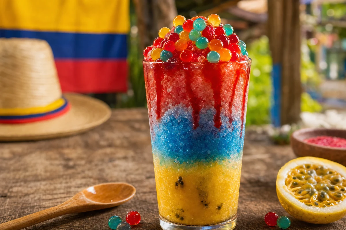 Granizado tricolor colombiano de maracuya, curazao azul y fresa con perlas explosivas LiquiPops — raspado festivo en vaso alto sobre mesa de madera