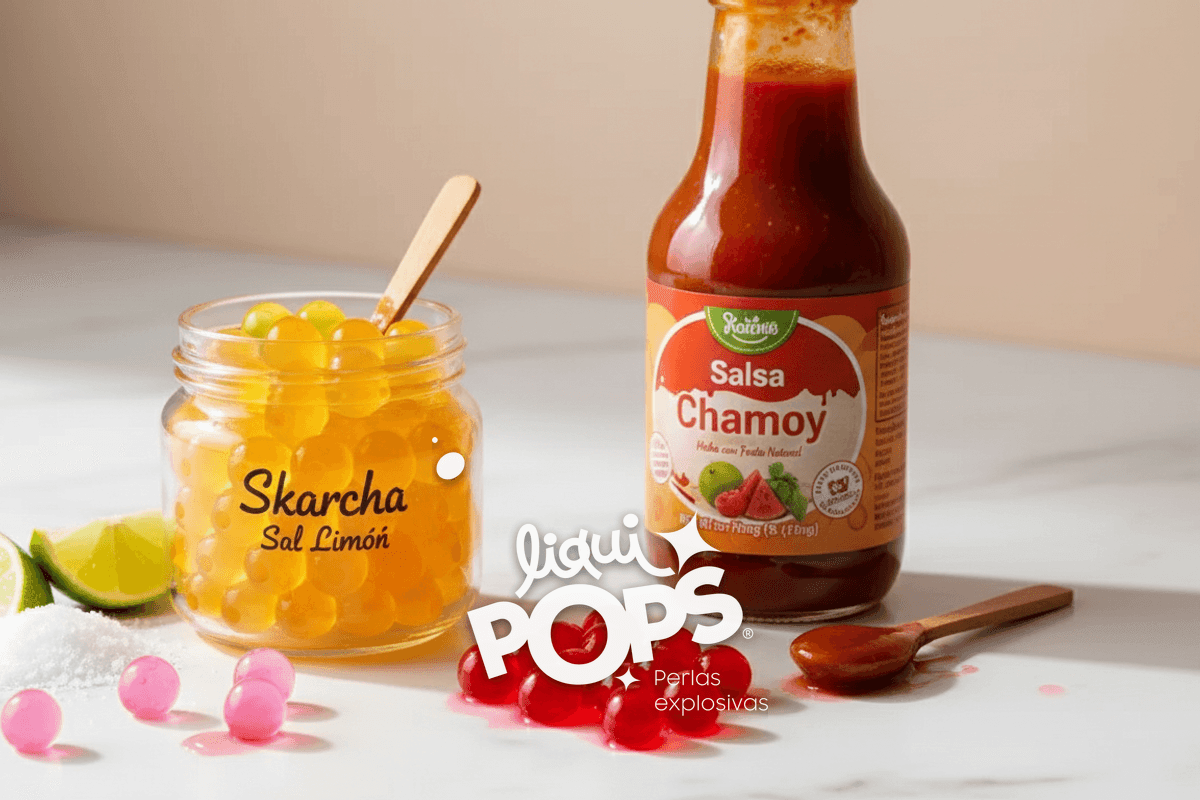 Macro of Skarcha sal limón container and chamoy salsa bottle side by side, both opened with small spoons.