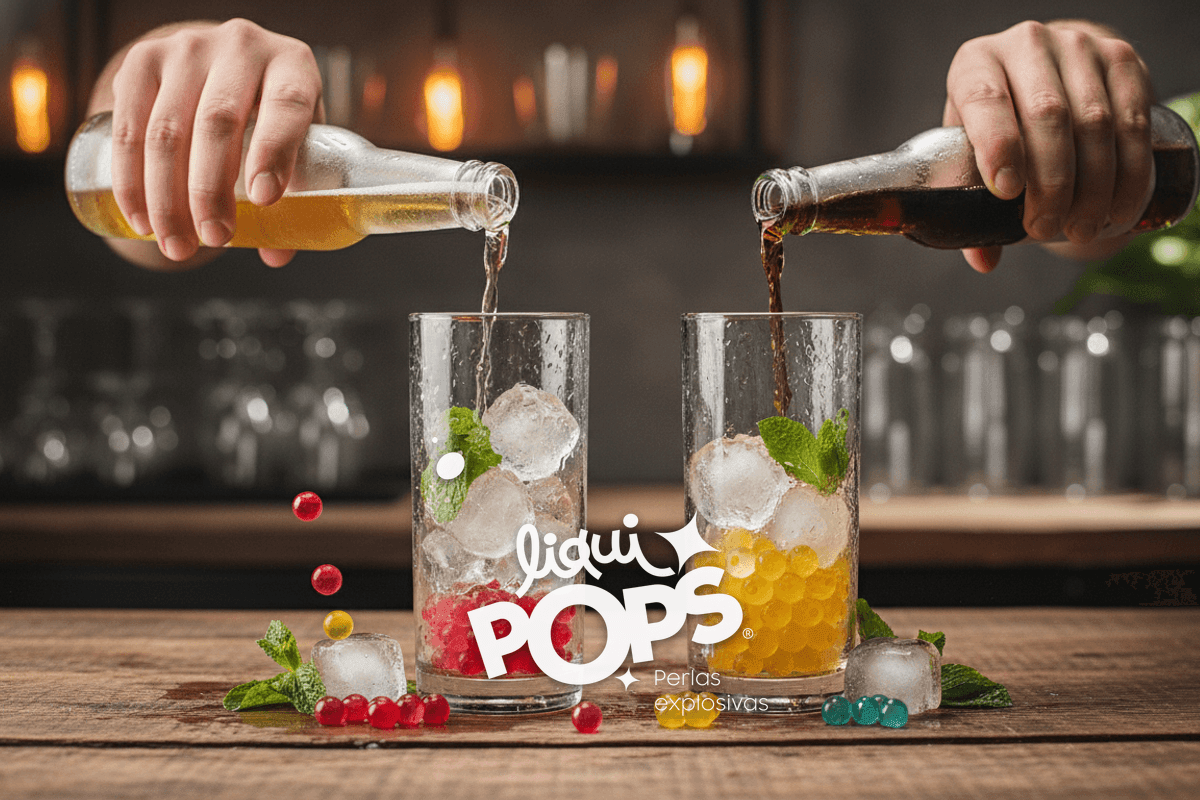 Action shot of a bartender's hands holding two beers/sodas about to pour into prepared glasses, decision moment.