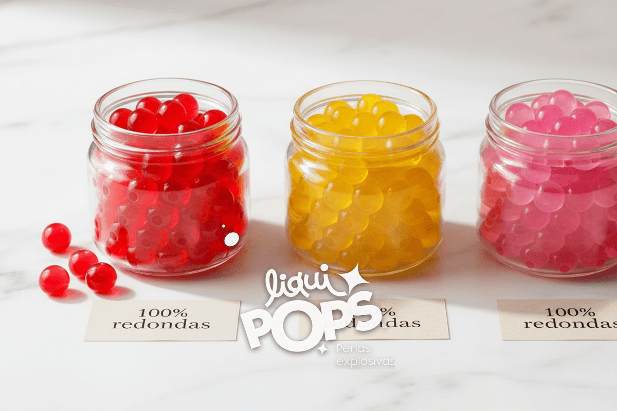 Editorial flatlay of three identical clear glass jars in a row, each filled with perfectly uniform popping boba pearls o.