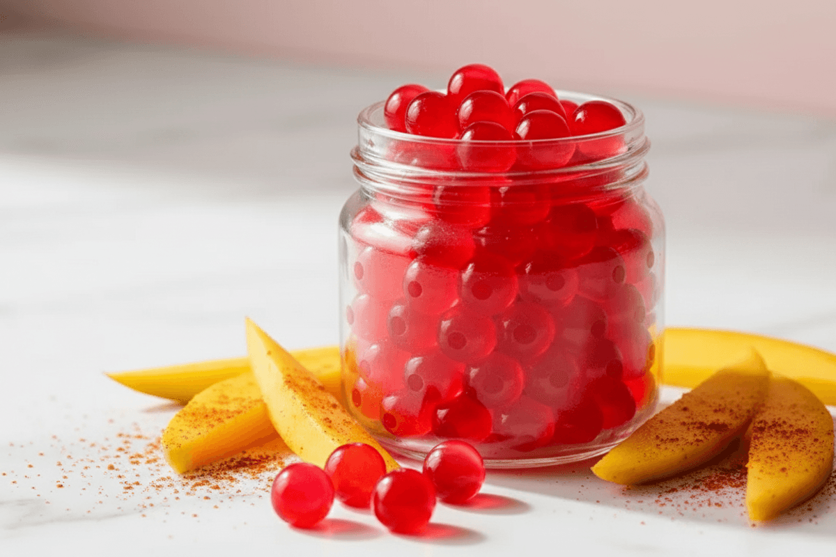 Single mason jar of bright red Chamoy popping boba pearls, close-up, with a few mango slices and a sprinkle of chamoy po.
