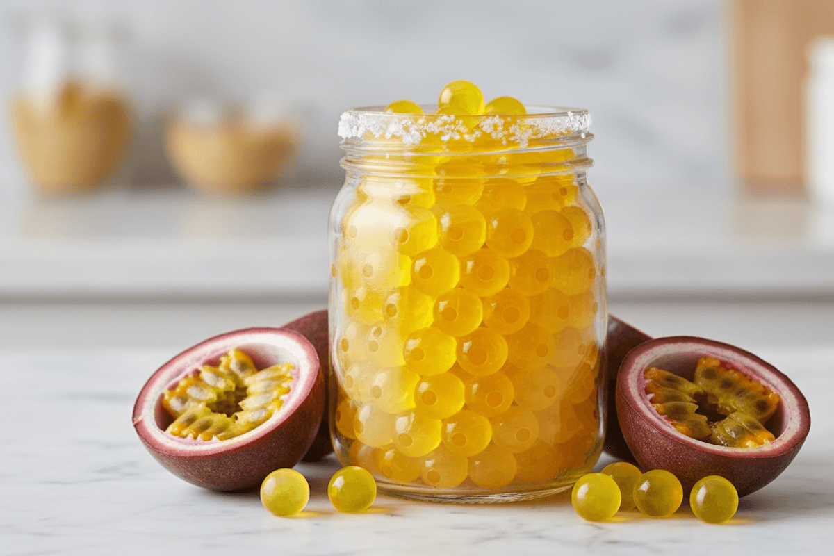Single mason jar of sunny yellow Maracuyá con Sal popping boba pearls with sliced passion fruit halves around it, salt r.