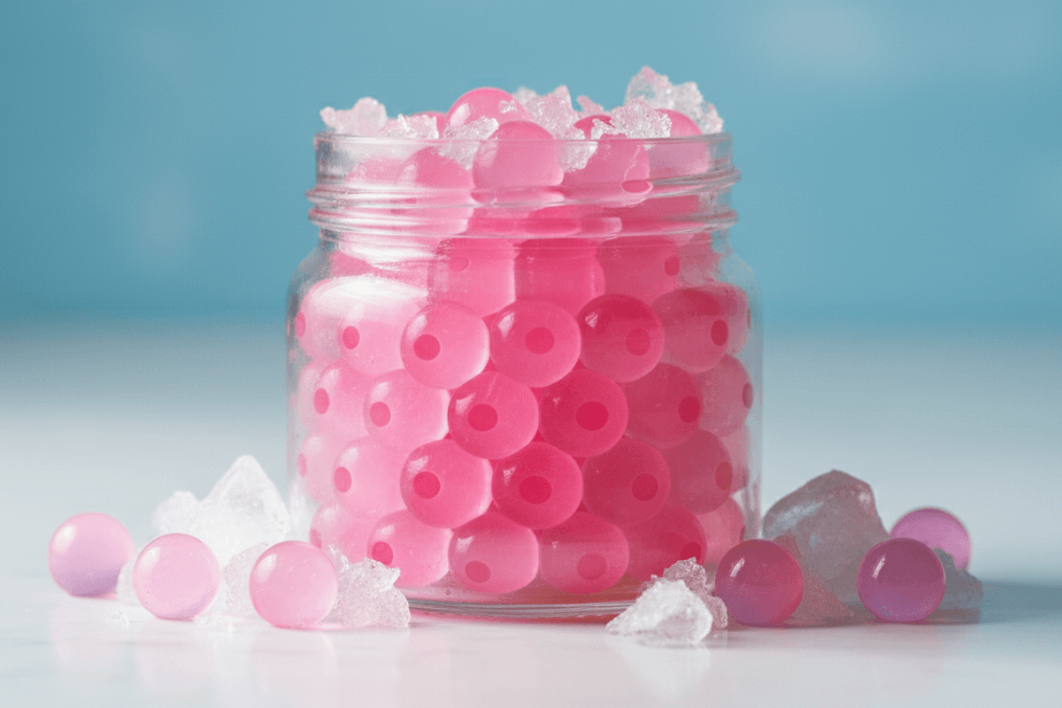 Single mason jar of soft pastel pink Pink Ice popping boba pearls with ice crystals scattered, cool blue background tone.