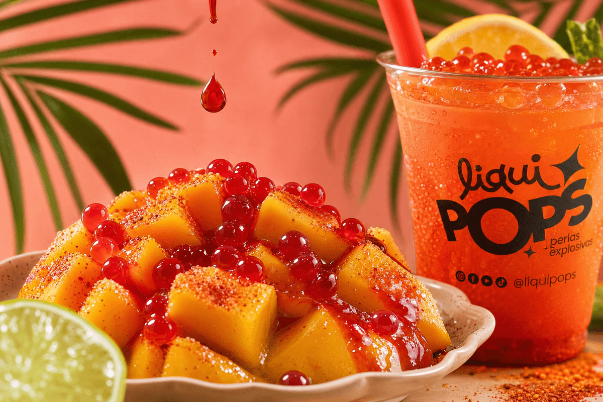 Macro close-up of fresh mango slices generously topped with wine-red Chamoy popping boba p — perlas explosivas chamoy LiquiPops Colombia