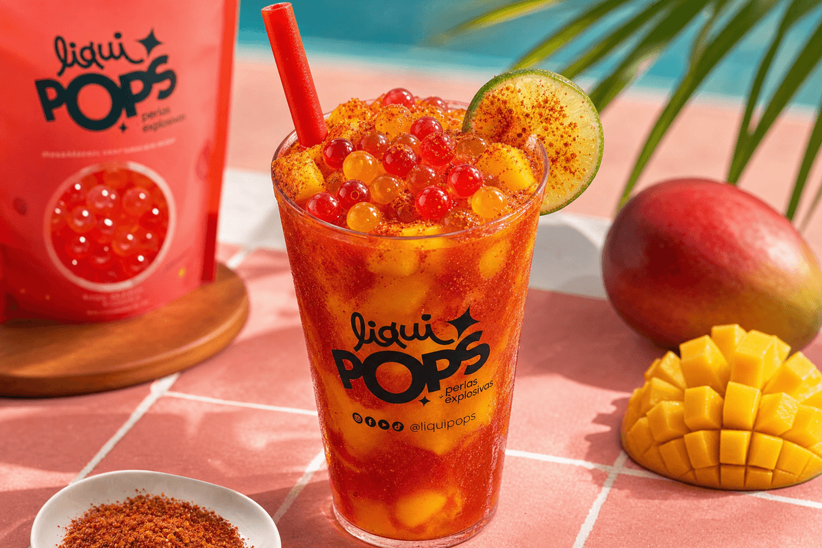 Side-view of a chamoy mangonada in a tall glass: layered red chamoy syrup — perlas explosivas chamoy LiquiPops Colombia