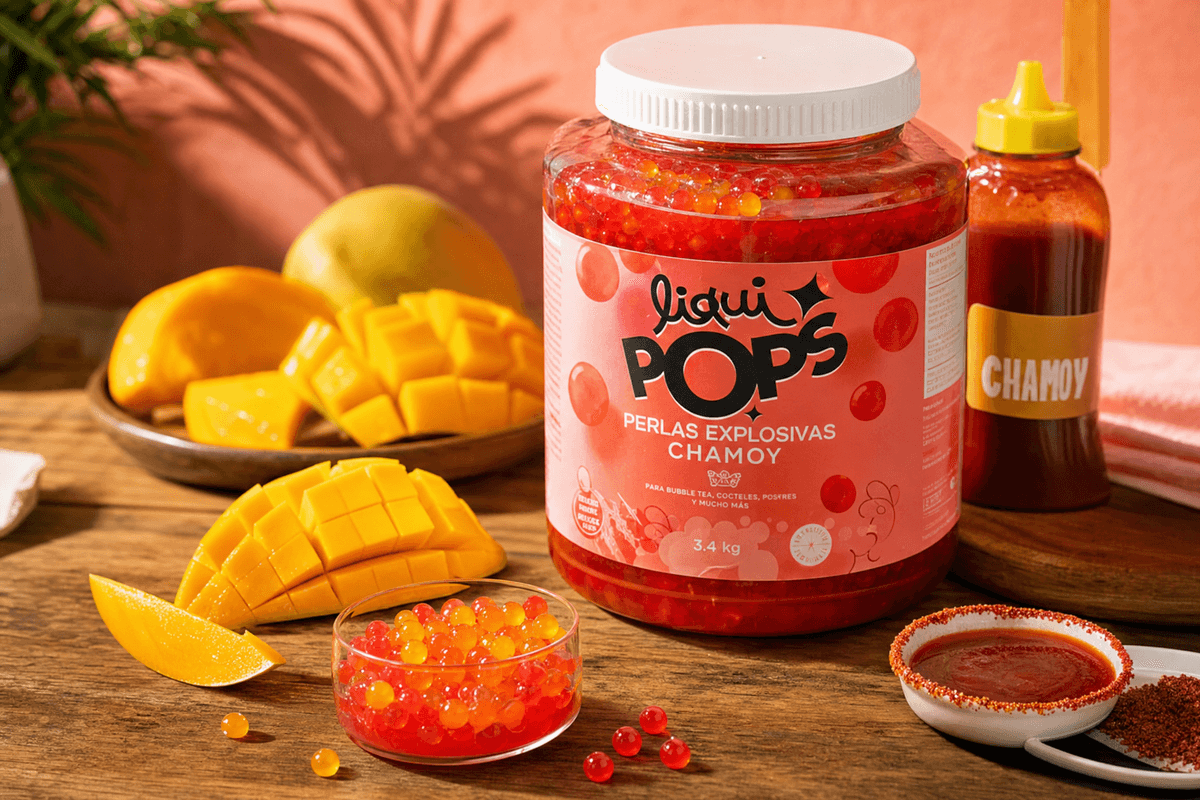 Editorial product shot of a 3 — perlas explosivas chamoy LiquiPops Colombia