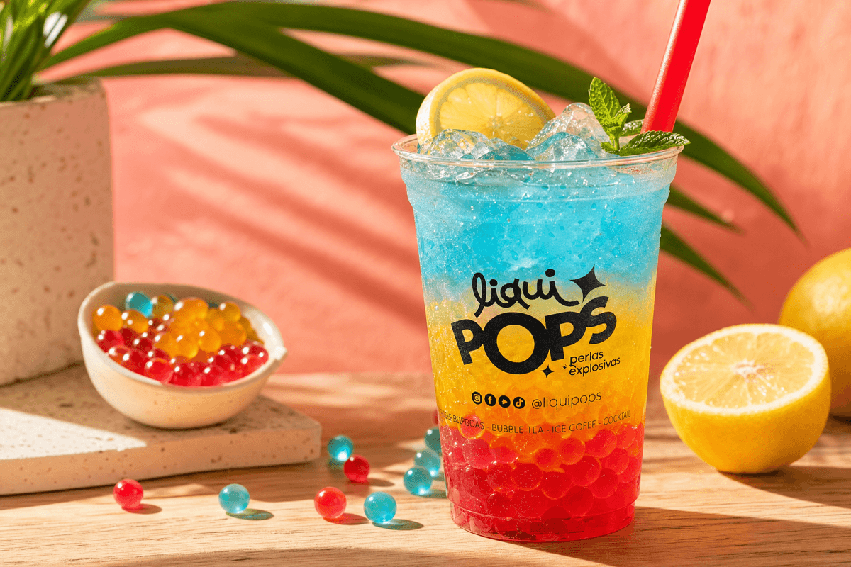 Side-view of a layered cocktail with three distinct color zones from popping boba (bottom  — colores perlas explosivas LiquiPops Colombia