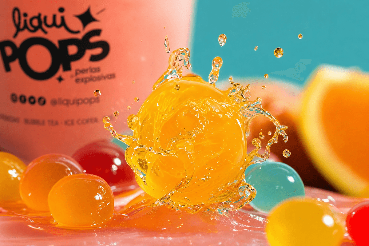 Magnified hero shot of one single popping boba pearl mid-explosion — colores perlas explosivas LiquiPops Colombia